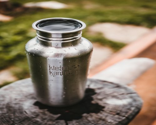 A steel bottle with refreshing clear water during break schedules